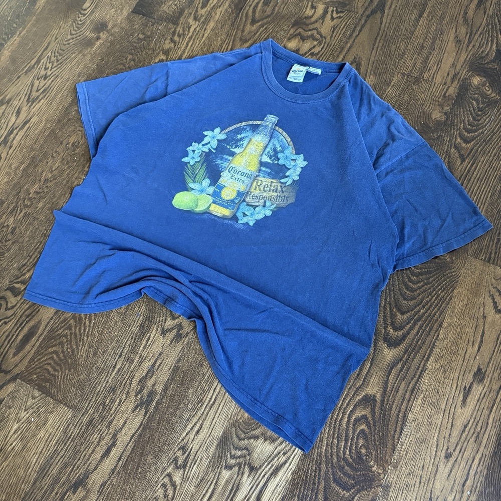 Vintage Corona Extra Beer T Shirt 2XL Blue Relax Responsibly Y2K Graphic Surf